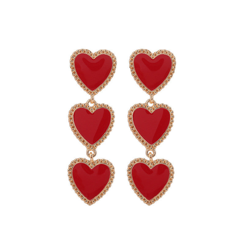 Pendientes Largos con Corazones Triple – Rojo o Negro con Borde Dorado