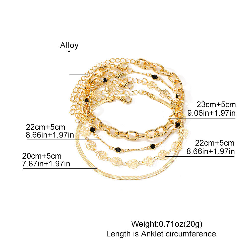 Set de Tobilleras Doradas con Detalles Florales y Cadena Gruesa