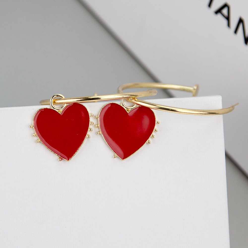 Pendientes Grandes de Aro con Corazón Rojo - Estilo Romántico para Mujer