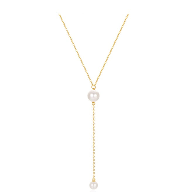 Collar Largo con Perlas Naturales – Diseño Dorado Minimalista y Elegante