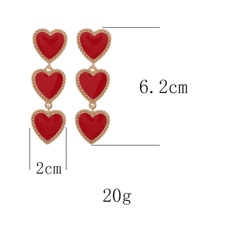Pendientes Largos con Corazones Triple – Rojo o Negro con Borde Dorado