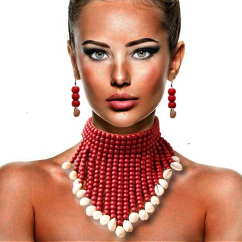 Collar Africano de Perlas Rojas con Caracolas + Pendientes a Juego