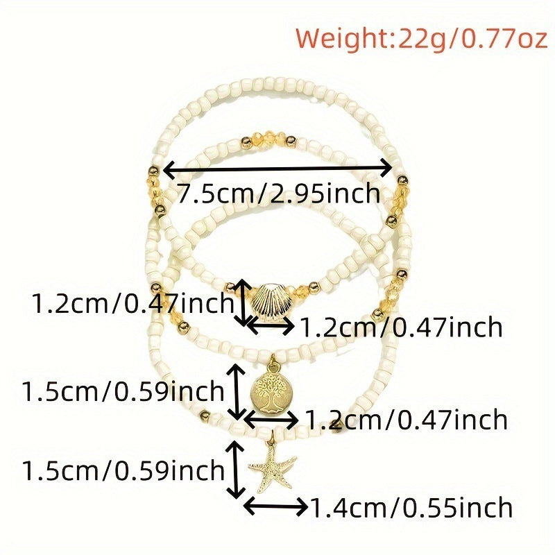 Tobillera de Cuentas Blancas con Conchas Doradas y Estrella Marin
