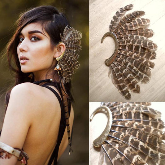 Ear Cuff con Plumas Naturales Estilo Tribal - Pendiente Étnico para Mujer
