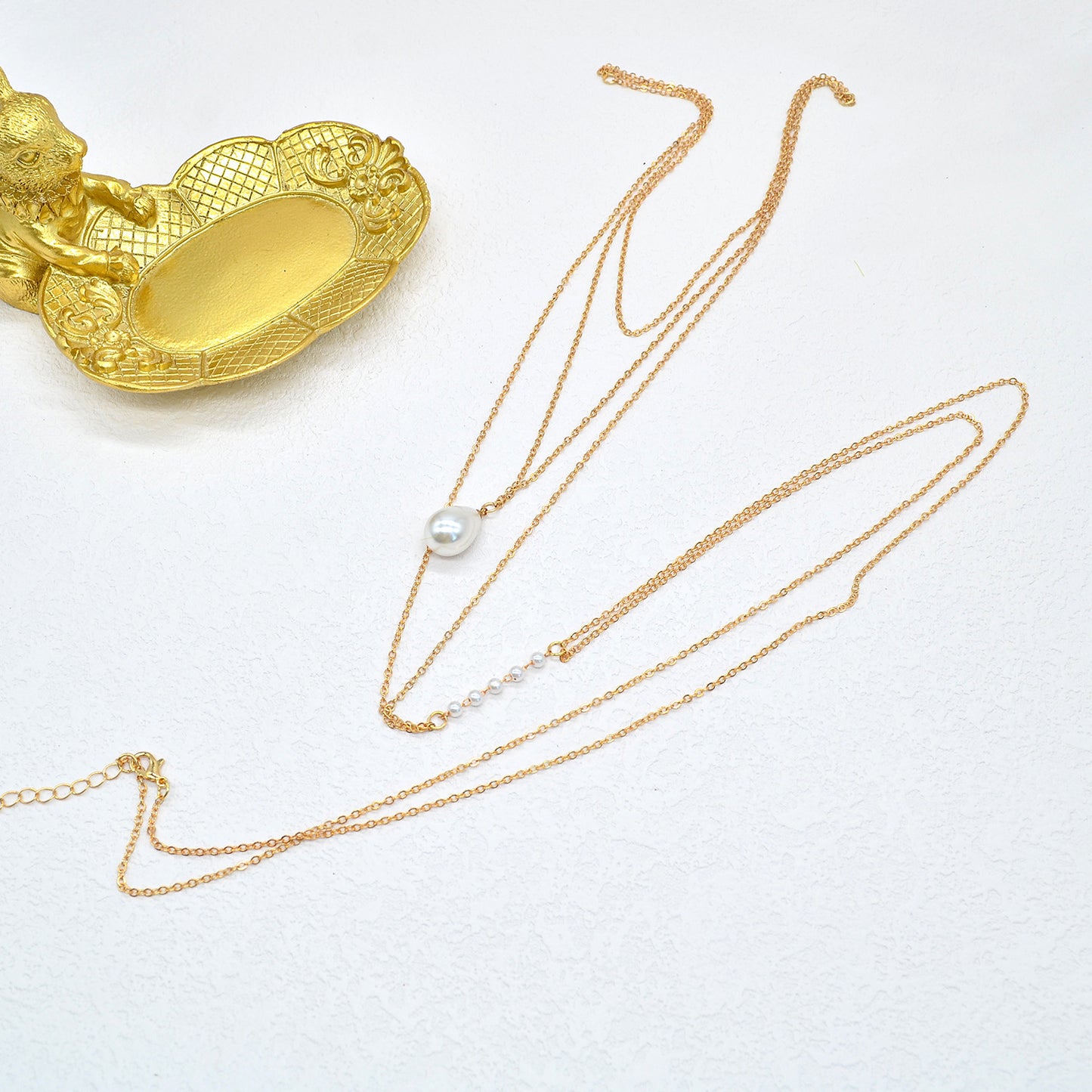 Collar de Espalda con Colgante Gota | Collar Doble Dorado Fino