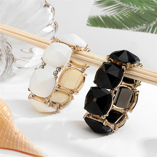 Pulsera Elástica con Piedras Negras o Blancas | Diseño Chic con Montura Dorada