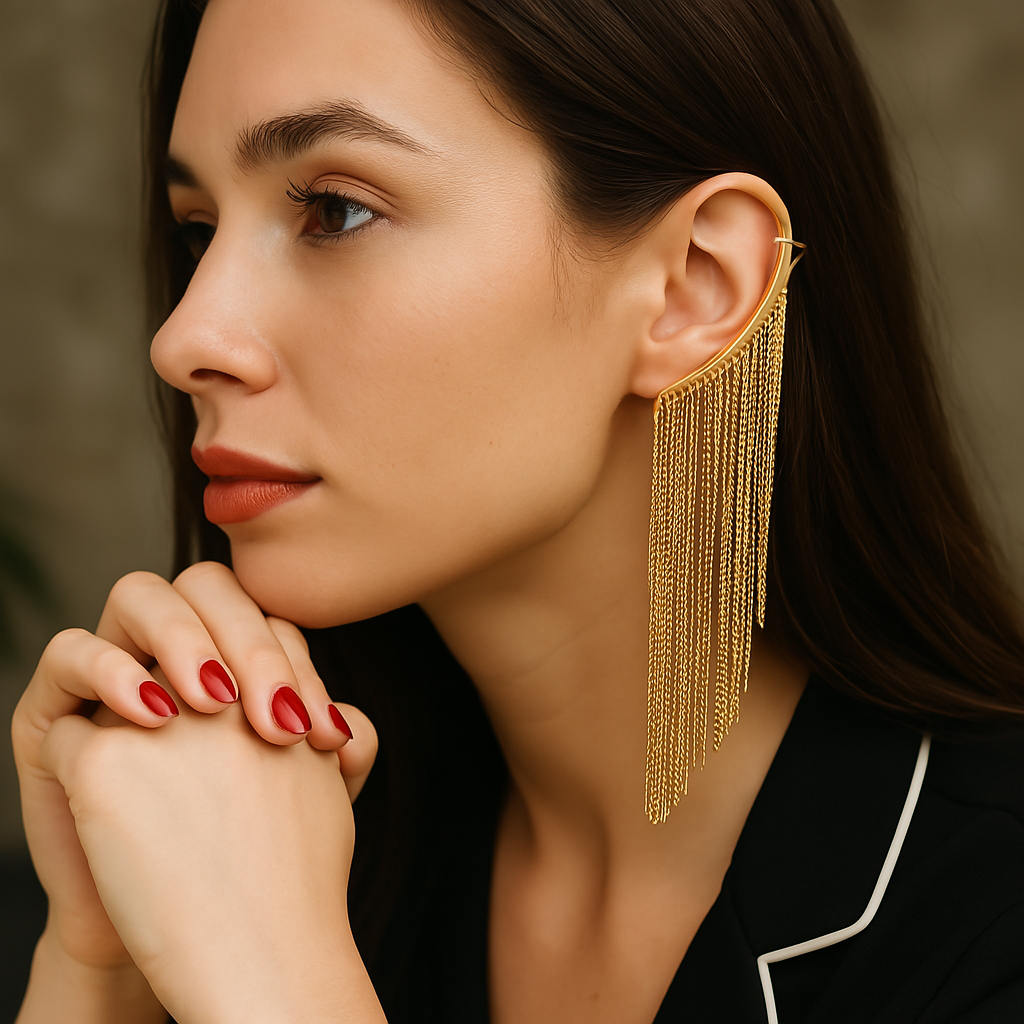 Ear Cuff Dorado con Cadenas Largas – Estilo Glam Rock Asimétrico