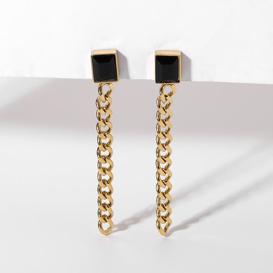 Pendientes con Cadena Dorada y Piedra Negra | Diseño Minimalista Moderno