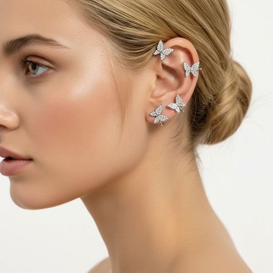 Ear Cuff Mariposa con Brillos – Pendiente Ajustable en Plata o Dorado