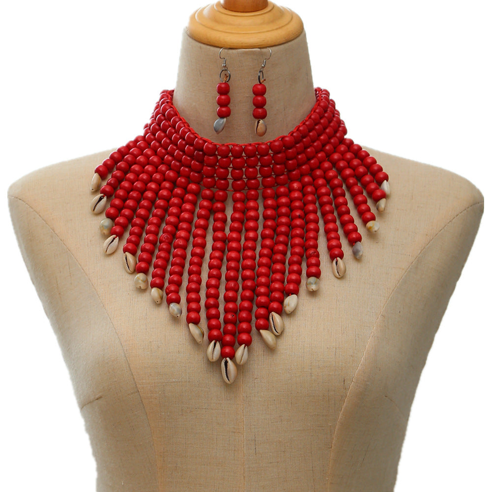 Collar Africano de Perlas Rojas con Caracolas + Pendientes a Juego